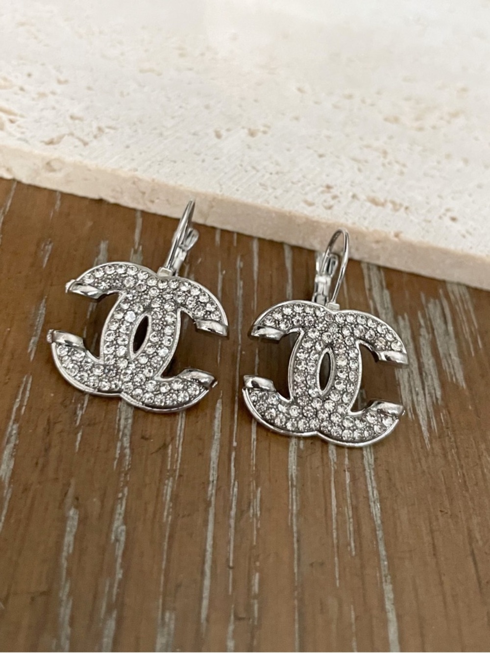 Chanel Silver Crystal CC Drop Earrings